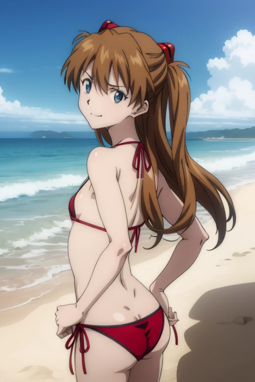 masterpiece, ((anime)), best quality, 8k, 1girl, souryuu asuka langley, (bikini, flat chest), narrow hips, small butt, beach, mocking expression, sly smile, small butt