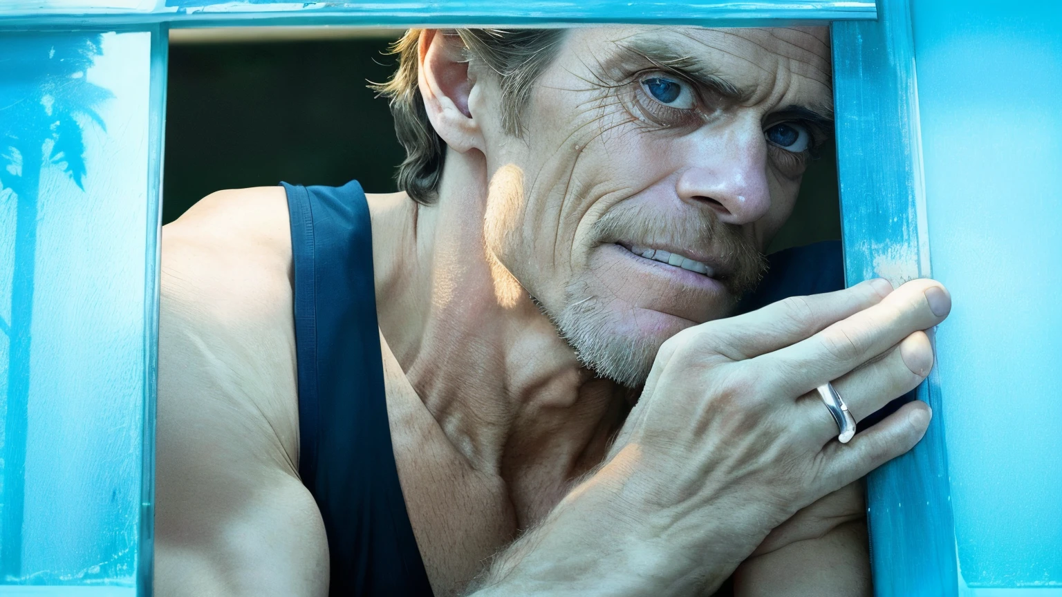 there is a man looking out the window with his hand on his face, Willem Dafoe, Willem Dafoe in plague knight, Guilherme Dafoe, Willem Dafoe as spiderman, Willem Dafoe as scarecrow, Willem Dafoe as the joker, Cor ainda, por Dietmar Damerau, hiperdetalhado, Steve Buscemi, filme muito realista ainda