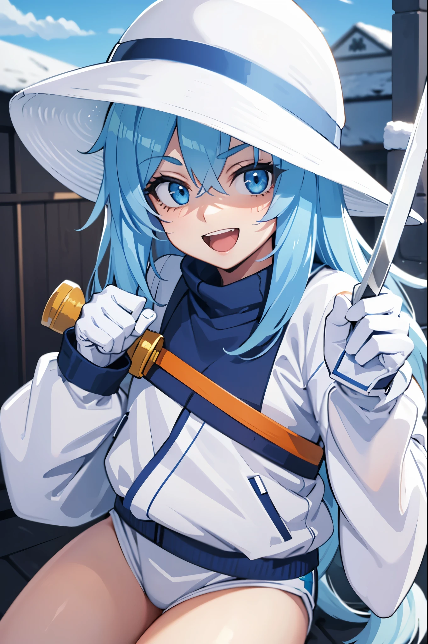 1girl, pastel blue hair, long blue hair, white hat, white ninja headband, small orange horns, white goggles, smiling, cat face, blue eyes, open mouth, cute, blue jacket with white stripes, holding sword, city, morning, snow day, posing, pointing sword, white hat, blue hair, sky blue hair, jacket, white hat, fisherman hat, white gloves, light skin tone, thick thigs, adult woman, white bucket hat