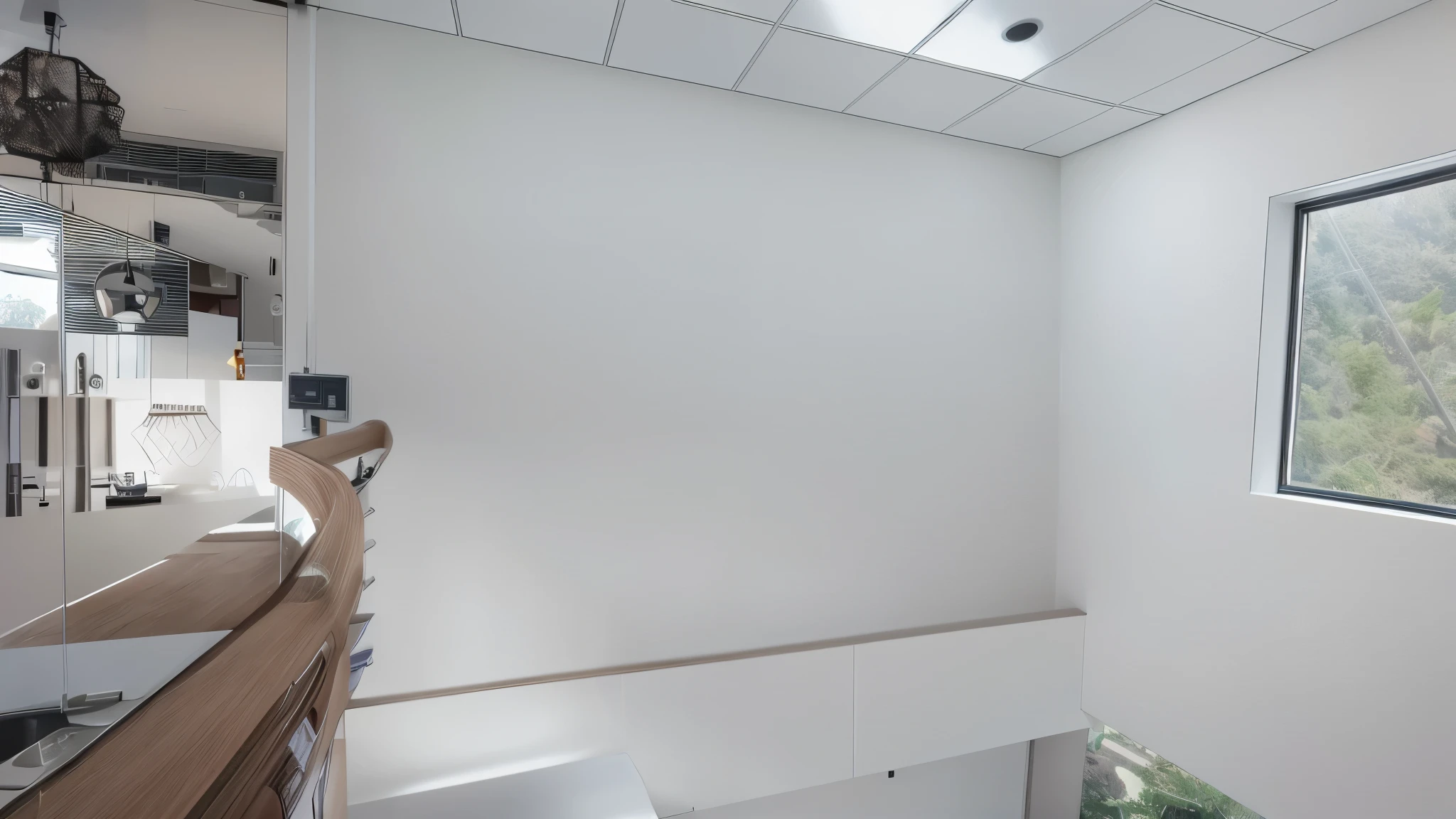there is a view of a kitchen from the top of a staircase, high ceiling, tall ceiling, very tall ceilings, tall ceilings, taken with sony alpha 9, with backdrop of natural light, white ceiling, light source from the left, high ceilings, cables on walls, wall ], open ceiling, white wall complex, interior white wall, interior of a small room