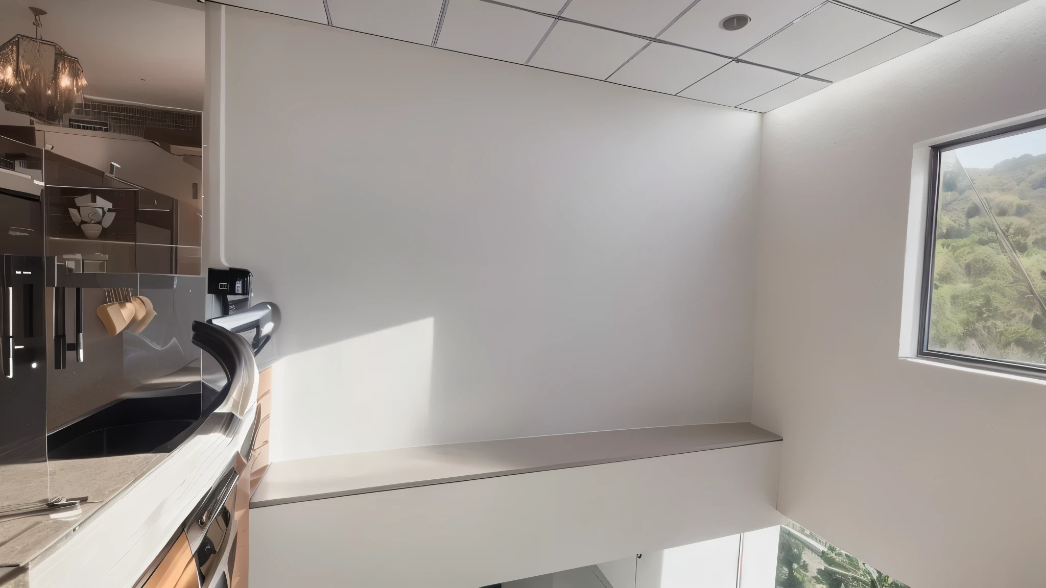 there is a view of a kitchen from the top of a staircase, high ceiling, tall ceiling, very tall ceilings, tall ceilings, taken with sony alpha 9, with backdrop of natural light, white ceiling, light source from the left, high ceilings, cables on walls, wall ], open ceiling, white wall complex, interior white wall, interior of a small room