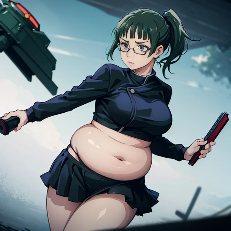 art by kipteitei, 1girl, dark green hair , hair in pony tail, maki zenin from the anime jujutsu kaisen, big plump belly, huge belly, huge belly, pretty face, nose, lips, beautiful eyes, circle glasses, (best quality, masterpiece, 4k, sharp focus), professional photograph, sharp focus, dramatic, award winning, cinematic lighting, octane render, unreal engine, volumetrics dtx,