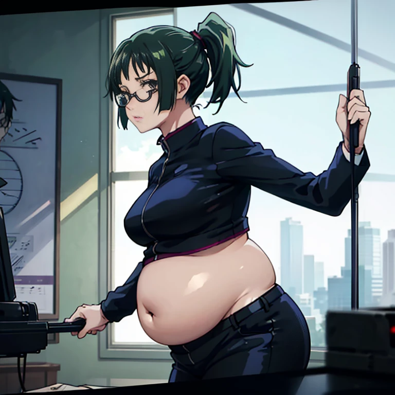 art by kipteitei, 1girl, dark green hair , hair in pony tail, maki zenin from the anime jujutsu kaisen, big plump belly, huge belly, huge belly, pretty face, nose, lips, beautiful eyes, circle glasses, (best quality, masterpiece, 4k, sharp focus), professional photograph, sharp focus, dramatic, award winning, cinematic lighting, octane render, unreal engine, volumetrics dtx,