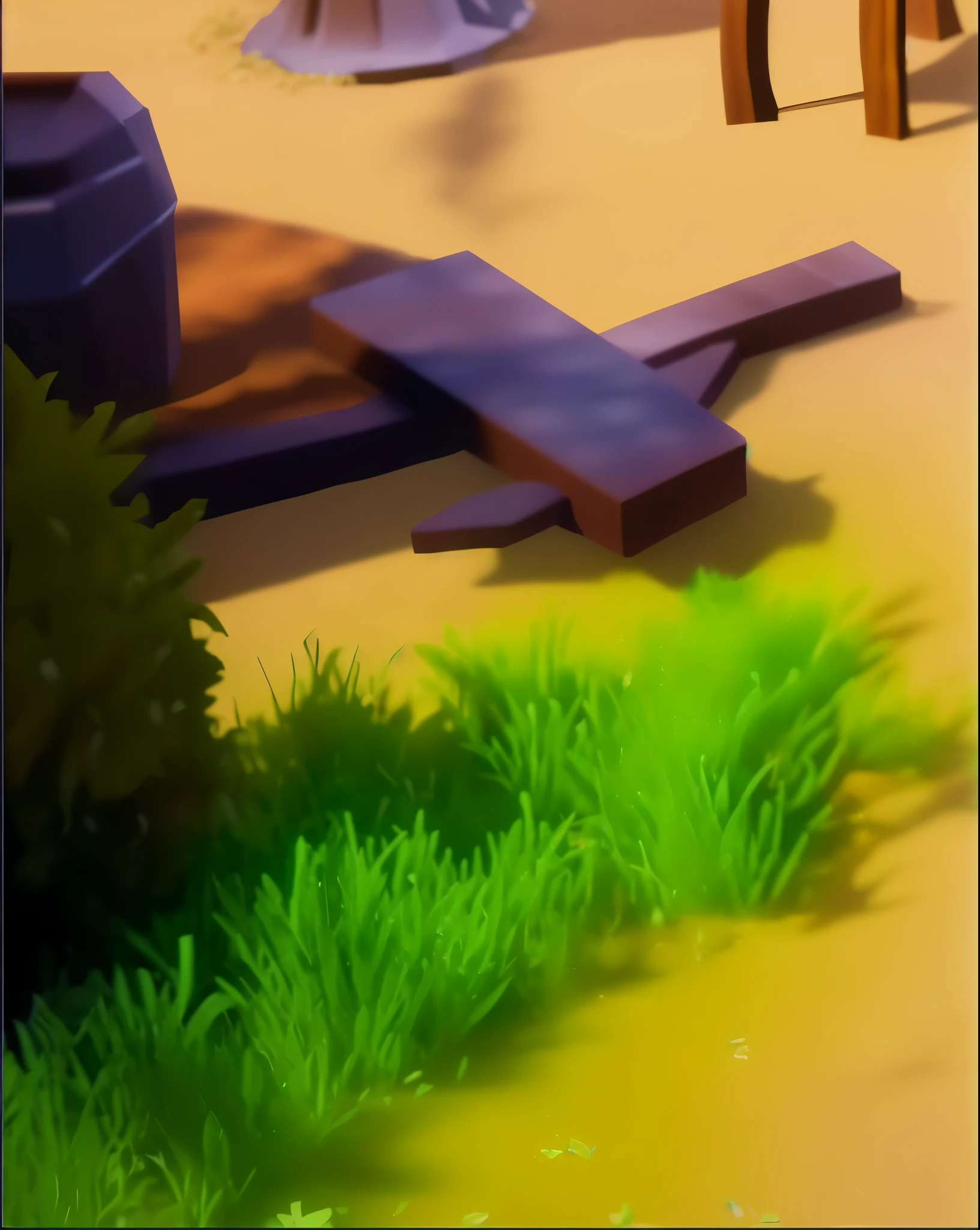 A bunch of bushes, a small patch of grass, a bunch of iron blocks, a barrel, high quality, 4k, hyper-realistic, realistic, a ton of detail
