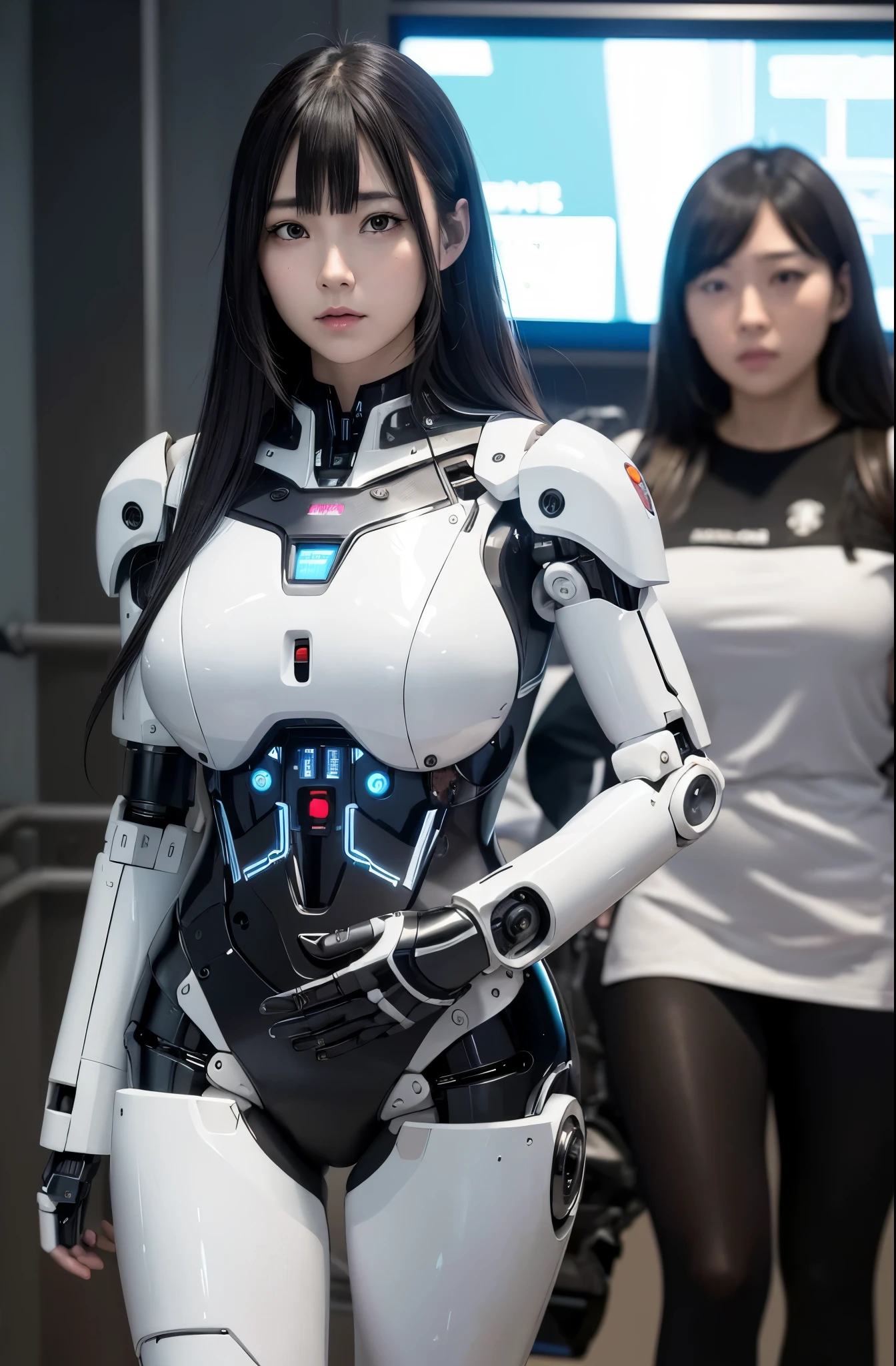 masterpiece, best quality, anime,Japaese Cyborg Girl,Plump , announcer,control panels,android,Droid,Mechanical Hand, ,clothes with a sense of mechanical technology, Robot arms and legs, Black Robot Parts,Black hair,Mechanical body,Blunt bangs,White abdomen,White robotics parts,tube dress,perfect robot woman,perfect android woman, perfect mechanical woman,future laboratory,android factory,cyborg factory,robot factory,cyber pank,charging spot,long tube,thick cable connected her neck,bowing,maintainance her,repaired her,full eyes,dark black tights,a bit chubby