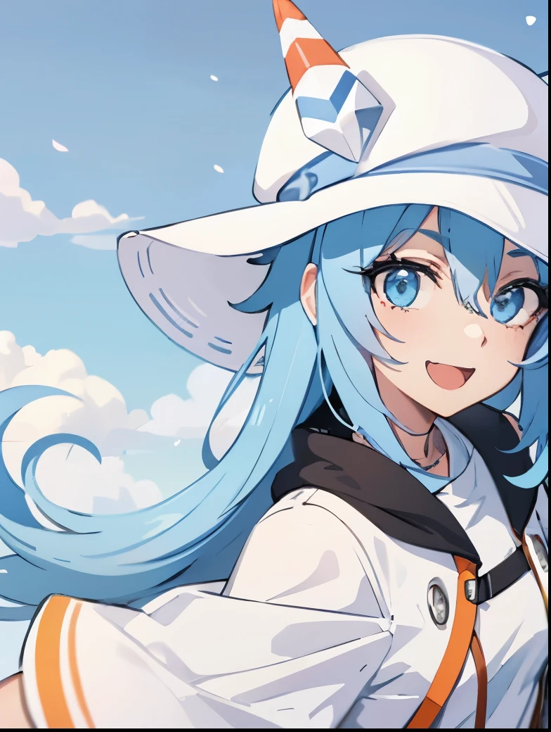 1girl, pastel blue hair, long blue hair, white hat, white ninja headband, small orange horns, orange horns, white goggles, smiling, blue eyes, open mouth, cute, blue jacket with white stripes, holding sword, city, morning, snow day, posing, pointing sword, white hat, blue hair, sky blue hair, jacket, white hat, fisherman hat, white gloves, light skin tone, thick thigs, adult woman, white bucket hat
