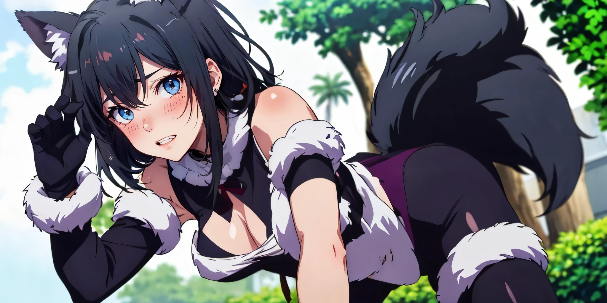 yukinoshita yukino, atomically correct, best quality, masterpiece, high quality, high details, highres, HD, (shaded face:1.2), hollow eyes, grey eyes, looking at viewer, heavy breathing, smirk, upper teeth, black hair, long hair, large breasts, dangerous_beast, animal_ears, mash_kyrielight, tail, 1girl, gloves, wolf_tail, elbow_gloves, breasts, fur_trim, wolf_ears, mash_kyrielight_(cosplay), looking_at_viewer, short_hair, thighhighs, blush, open_mouth, solo, o-ring, cosplay, red_eyes, letterboxed, fur-trimmed_legwear, revealing_clothes, fur_collar, pink_bow, claw_pose, bangs, smile, cleavage, fur-trimmed_gloves, o-ring_top, ahoge, purple_gloves, bare_shoulders, halloween_costume, all_fours,yukinoshitaYukino