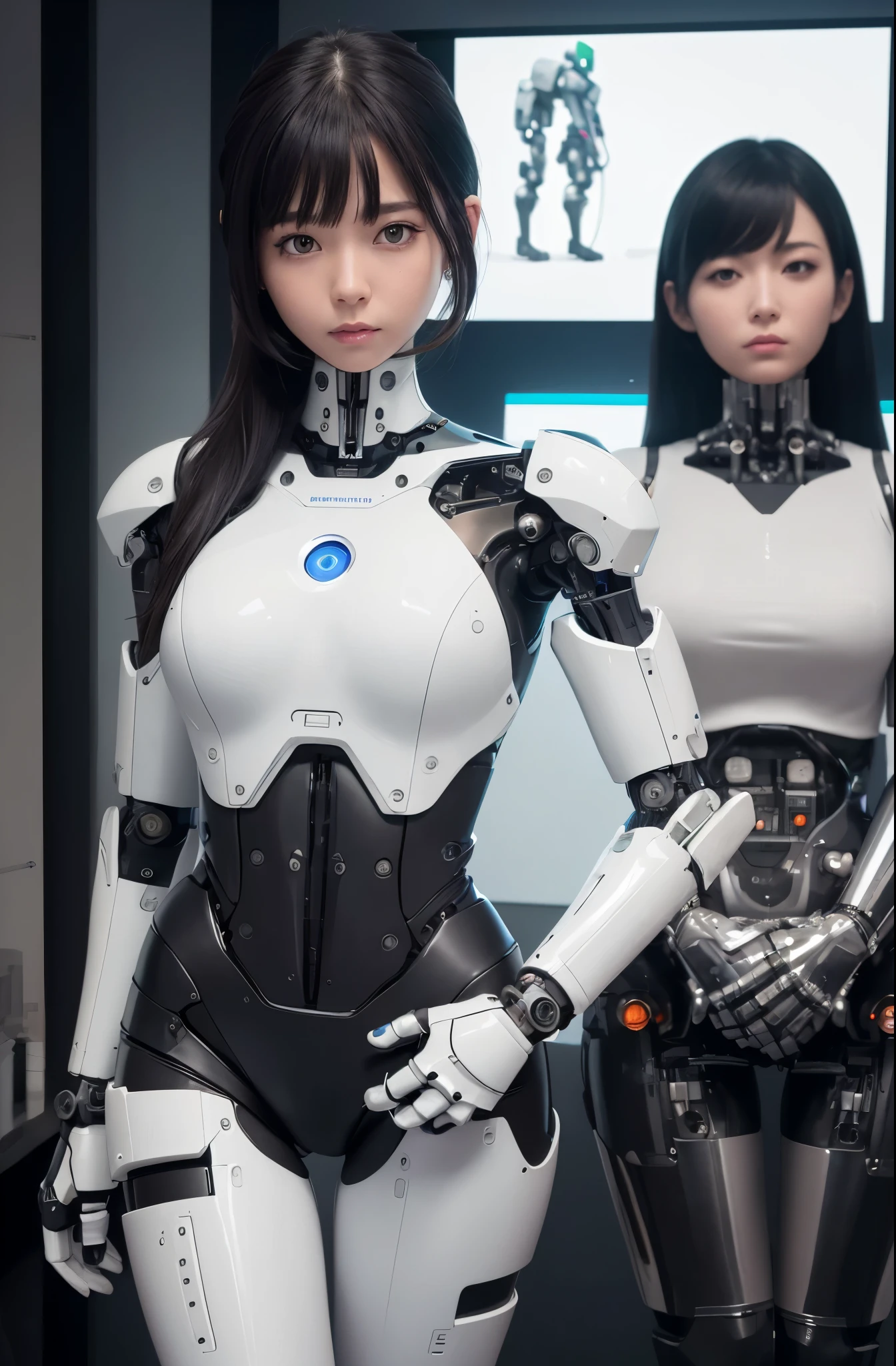 masterpiece, best quality, (photorealistic:1.4), (RAW photo)(8K, 4K, Best Quality, hight resolution, 超A high resolution:1.1), (masutepiece, Realistic, Photorealsitic:1.1), 1girl in, Japaese Cyborg Girl,Plump , announcer,control panels,android,Droid,Mechanical Hand, ,clothes with a sense of mechanical technology, Robot arms and legs, Black Robot Parts,Black hair,Mechanical body,Blunt bangs,White abdomen,White robotics parts,tube dress,perfect robot woman,perfect android woman, perfect mechanical woman,future laboratory,android factory,cyborg factory,robot factory,cyber pank,charging spot,long tube,thick cable connected her neck,bowing,maintainance her,repaired her,full eyes,dark black tights,a bit chubby