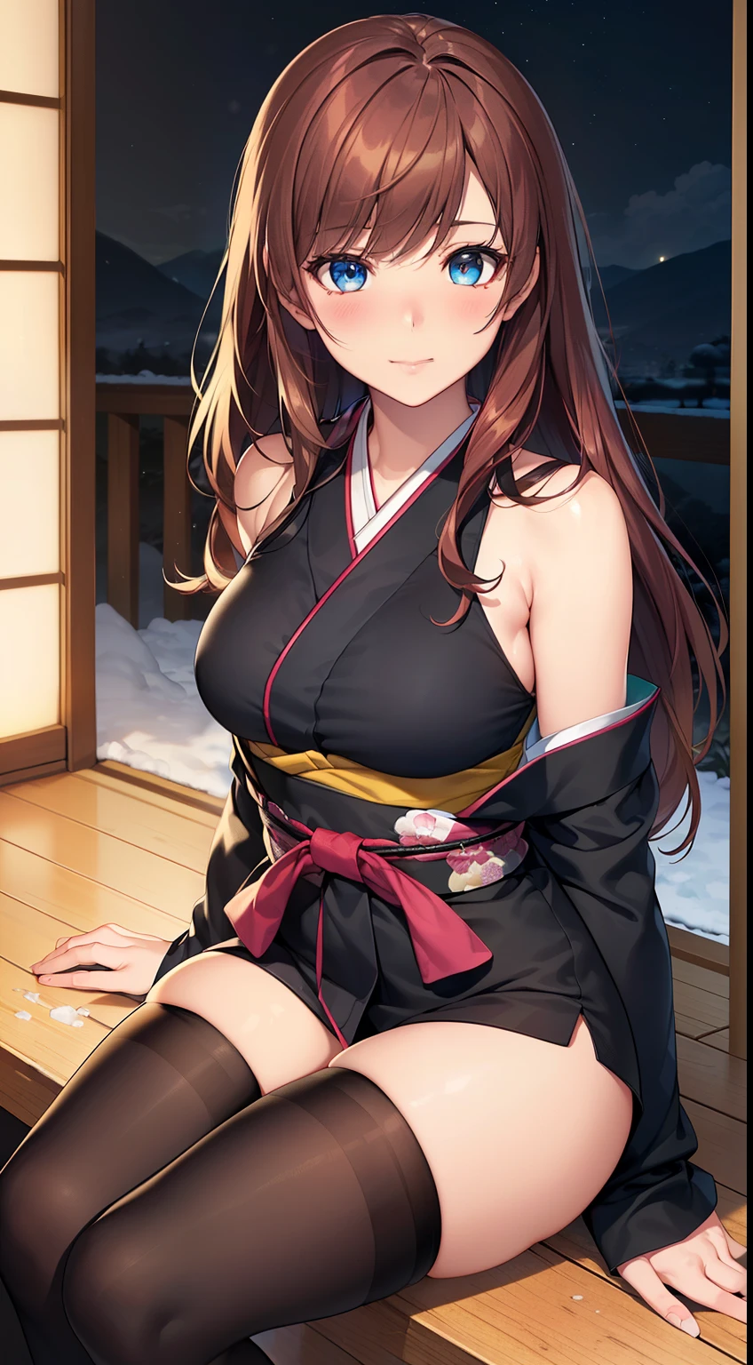 ((masterpiece, best quality, high resolution, ultra high definition, Pixel perfect, depth of field, 4K, RTX, human development report))), 1girl in, single, alone, Beauty、see whole body、 ((Long hair to waist, Short Liuhai, reddish brown hair)), ((blue eyes, beautiful eyelashes, realistic eyes)), ((Detailed face, blush:1.2)), ((smooth texture:0.75, lifelike质感:0.65, lifelike:1.1, Anime CG style)), medium breasts, Perfect body, ((Pink Japanese kimono, Half of the shoulders are exposed ,Black tights)), A confident smile, Sitting sideways on a chair, Look down from above、(The wind is strong and blows my hair,exposed thighs、Black tights) , Night view hot spring,Snowy nights