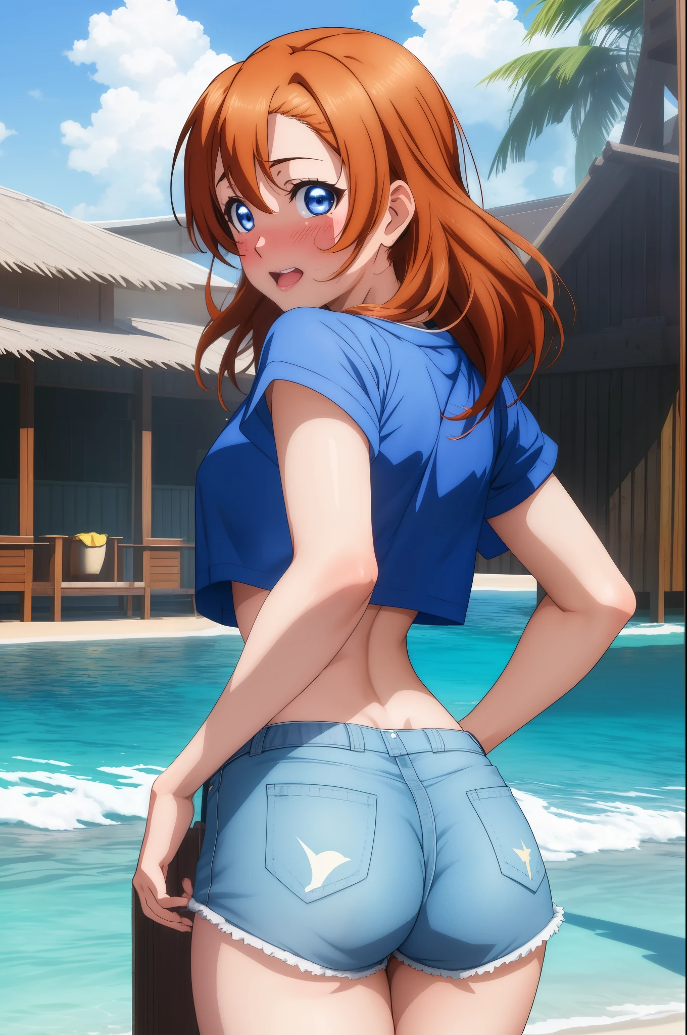 masterpiece, best quality,8k wallpaper, kousaka honoka, blue eyes,(large breasts:1.0),crop top , shorts, (exposed ass cheeks:1.2),glowing eyes, cowboy shot, sexy, ass, sexy pose, standing,showing her ass, embarrassed, blushing, beach,solo, from behind