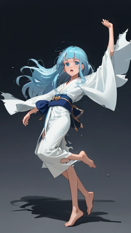 {{{{amazing quality, great quality, high quality, very aesthetic, aesthetic, best quality}}}}, 
realistic, photo, shadow, Three-dimensional, absurdres, Digital art, 
{{{{Magical girl}}}}, beautiful girl, one girl, 
light blue hair, long straight hair, hair, trimmed hair, shiny hair, blunt bangs, short sideburns, 
blue eyes, tareme, 
{{flat chest}}, {{small breasts}}, {{detailed body}}, slim thighs, thin thighs, 
{{white mini kimono}}, {{yellow kimono obi}}, {{skull-shaped hair ornament}}, {{barefoot, Geta for women}}, No panties, no bra, torn clothes, wet clothes, melted clothes, damaged clothes, take off one's clothes, transparent clothes, lift the body, defeat, inferiority, sexual pleasure, troubled face, shy, orgasm, trembling, disheveled hair, groin, groin, Peeing, restrain the arms, {{restraining legs}}, {{forced to spread legs}}, {{lifted body}}, {{straight legs}}, {{Crotch split}}, {{pull the leg}}, {{punishment of splitting}}, {{grab your ankle}}, on your back, 