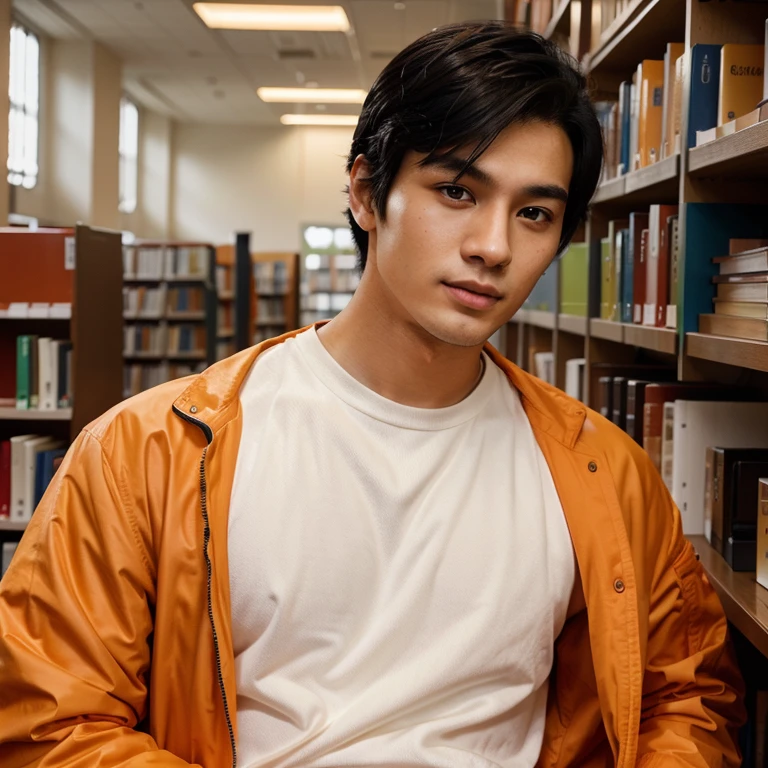 A man with black hair, 25 year old, white skin, realistic, wearing an orange jacket, in the library, Asian, realistic human skin, original image