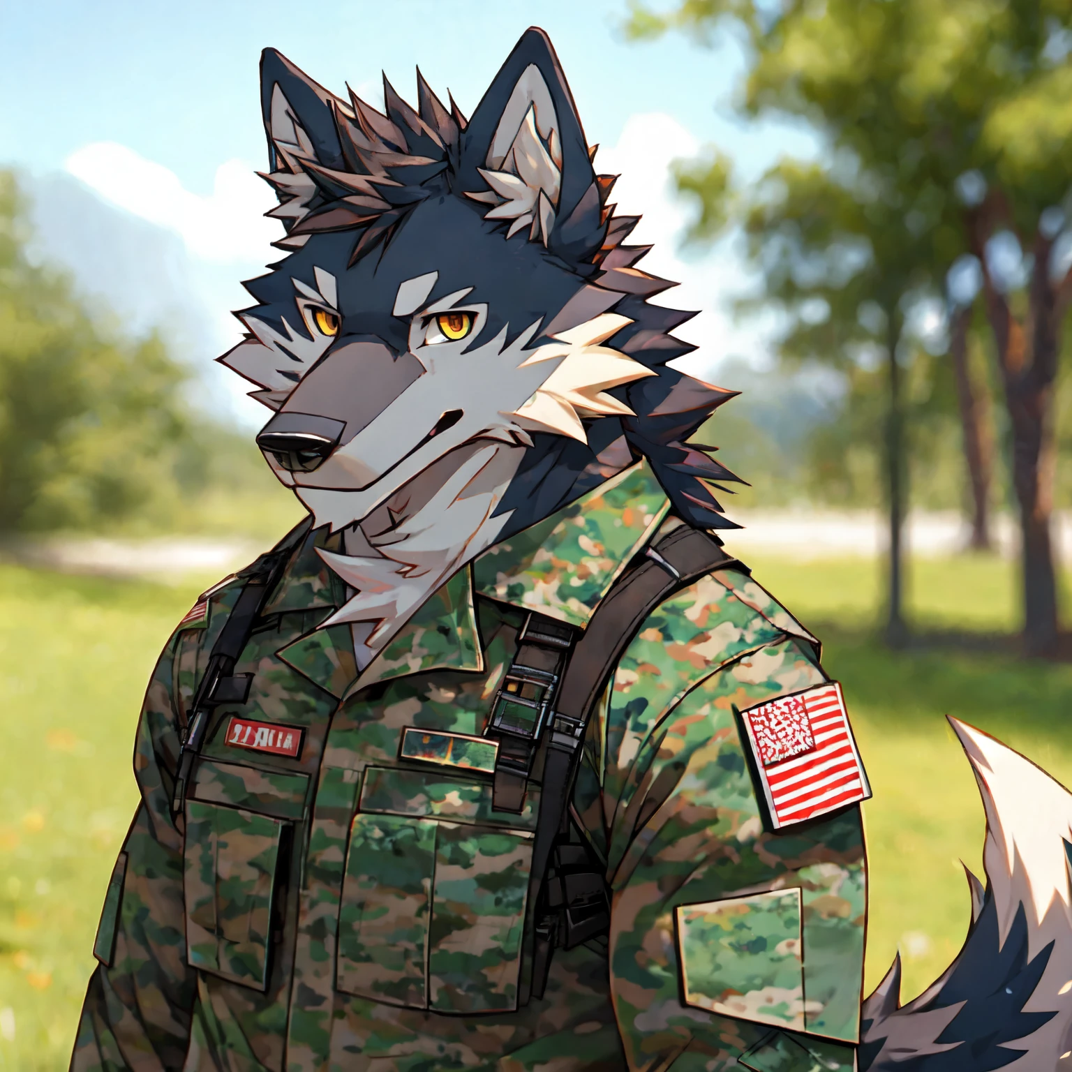 white wolf,dark brown eyes,Realistic eye details 1.5,Realistic hands 1.5,Strong body 1.2,wearing usmc dress blues alphas 1.0 ,Looking straight at the viewer,seductive eyes,Behind is a military camp.,<3