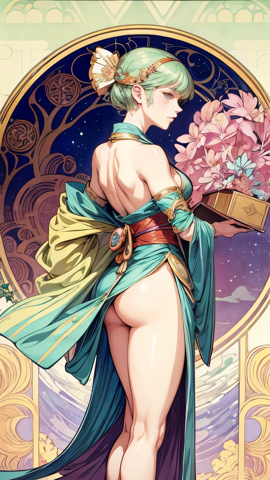 George Barbier, Alphonse Mucha, Takeo Takei, Surreal, mysterious, strange, fantastical, fantasy, Sci-fi, Japanese anime, distant sail, futurist, miniskirt beautiful girl, perfect voluminous body, person in this world or in a box, detailed masterpiece