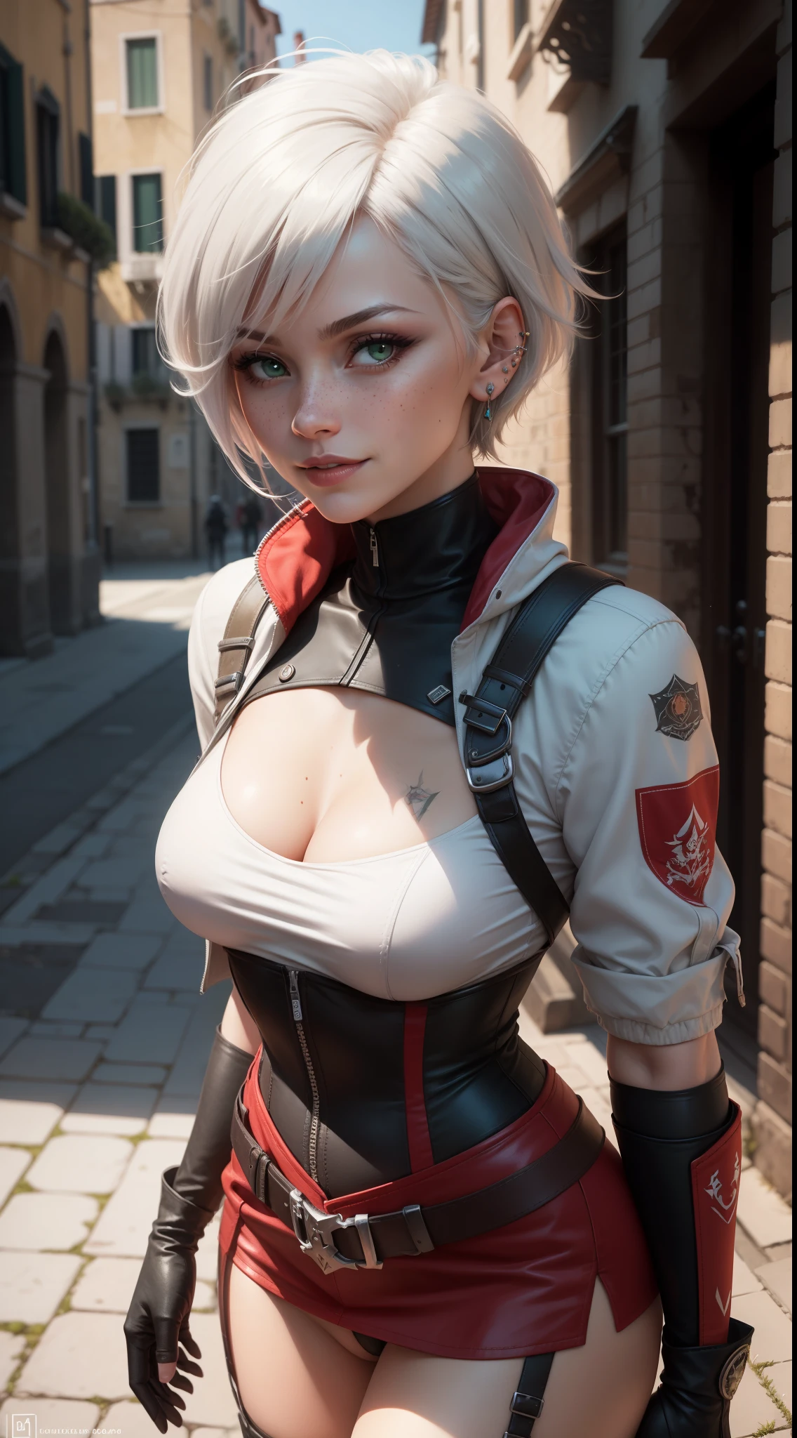 gwen tennyson,yorha 2b,tracer,y'shtola rhul,overwatch,assassin's creed,close up,Venice,Florence,tattoos,white and red plugsuit,white short sleeve victorian top,white and red assassin jacket,tight skirt,harness corset,short hair,punk makeup,green eyes,multicolored silver hair, military gloves,sexy smile,freckles,beautiful girl,thigh high boots,large breasts,8k,ultra detailed,realistic,fantasy art,assassin uniform, hair pin,ear piercings,(weather:windy),1girl, assassin stance,