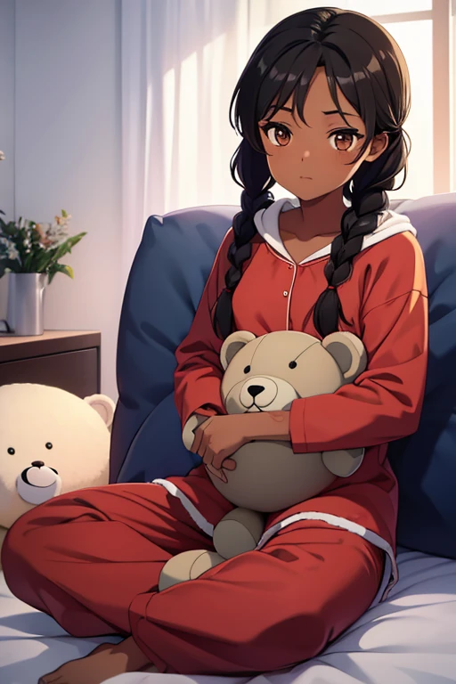 Low, dark-skinned girl with brown eyes, with black braided hair, in pajamas with a teddy bear