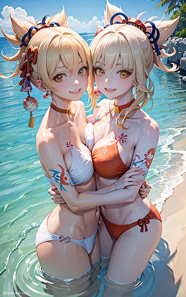 2 girls smiling in water in bathtub,No teeth exposed. Female twins, vibrant with colors,natural lightting, Best quality at best, Chest to chest, hugging eachother, sunny masterpiece, Navel Exposed, face flushed, Orange swimsuit hugging each other' , full, 饱full big breast 露肚脐 搂腰 large breast 左手抬起