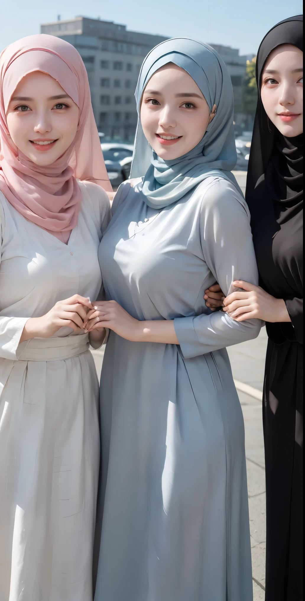 masutepiece, Best Quality, Illustration, Ultra-detailed, finely detail, hight resolution, 8K Wallpaper, Perfect dynamic composition, Multiple people,hijab Nude, smile lips, (3 girls taking photos), Girls holding hand holding a small bag , looking to the side was laughing, Beautiful detailed eyes, Natural Lip, Wear hijab moslem, Position: Undressing, showing female genitalia, hairy pussy, Big Breasts, fancy jubba thobbe, photo full body, (close-up photo), view of the blue sky, close-up photo, hand holding a small bag, people hijab Nude, all the girls were hand holding a small bag, (Hairy pussy:1.2), Detailed Pussy, (hairry Pussy:1.1), Nude hijab