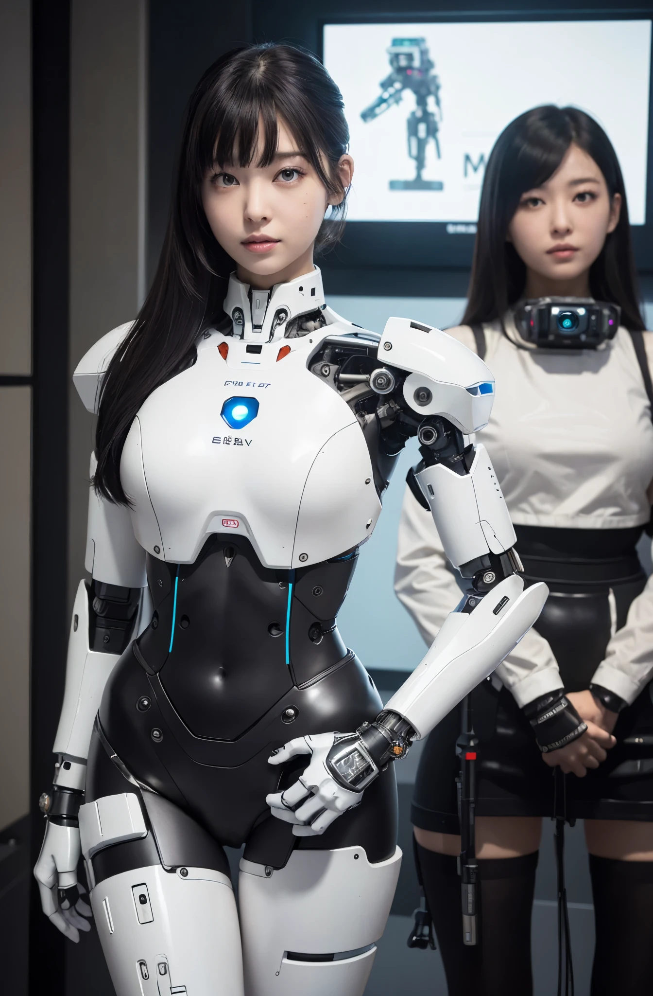 masterpiece, best quality, (photorealistic:1.4), (RAW photo)(8K, 4K, Best Quality, hight resolution, 超A high resolution:1.1), (masutepiece, Realistic, Photorealsitic:1.1), 1girl in, Japaese Cyborg Girl,Plump , announcer,control panels,android,Droid,Mechanical Hand, ,clothes with a sense of mechanical technology, Robot arms and legs, Black Robot Parts,Black hair,Mechanical body,Blunt bangs,White abdomen,White robotics parts,tube dress,perfect robot woman,perfect android woman, perfect mechanical woman,future laboratory,android factory,cyborg factory,robot factory,cyber pank,charging spot,long tube,thick cable connected her neck,bowing,maintainance her,repaired her,full eyes,dark black tights,a bit chubby