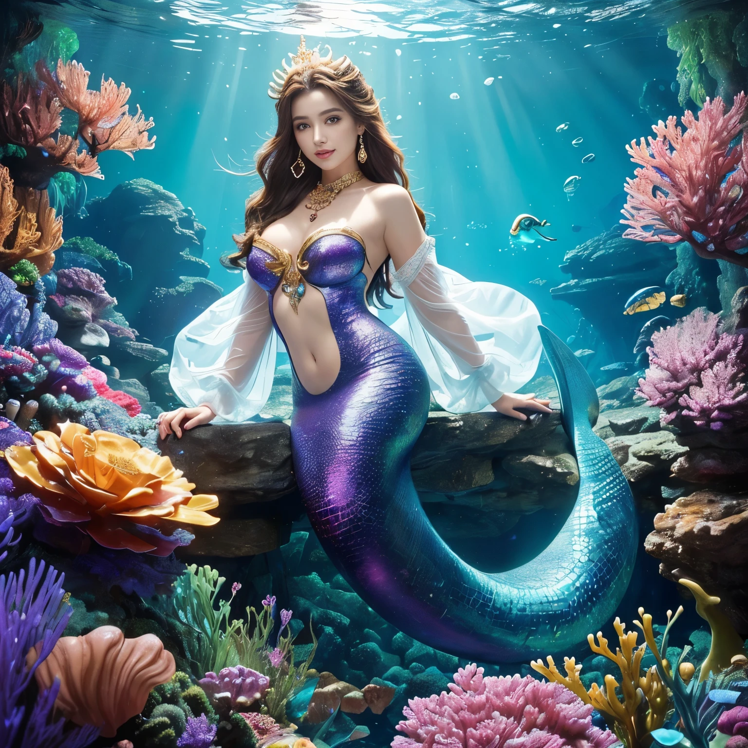 (highest quality、table top、8K、best image quality、hyper realism)、(Little mermaid in the most luxurious and majestic costume:1.1)、(Luxurious transparent sleeve:1.1)、(Mermaid goddess swimming in the beautiful rocky area of the deep sea.:1.2)、(Extremely complex and detailed ocean depictions:1.1)、(There are many beautiful small tropical fish and corals in the sea..........:1.1)、(The most luxurious and luxurious underwater temple:1.3)、(Mysterious and most splendid giant Atlantis:1.3)、(Detailed depiction of the beautiful ocean:1.1)、(Unimaginably beautiful and mysterious underwater depictions:1.1)、(Sparkling pink and purple、Realistic scales that shine in every detail:1.2)、(Mermaid goddess swimming in the beautiful rocky area of the deep sea 上半身写真:1.1)、(Accurate mermaid tail and beautiful fins)、Beautiful sea that shines intricately、Clear and detailed background,、accurate anatomy、(The most luxurious and finest jewelry decoration throughout the body:1.1)、golden decoration、the most gorgeous goddess sleeves、the most luxurious decoration、large amount of intricate gemstones、beautiful brown hair、Highly detailed pink and purple scales、(最も贅沢でhighest qualityの巨大ティアラ:1.1)、(that'that'that'that'It's very vivid, Fantastic and mysterious:1.2)、(最も贅沢でhighest qualityのジャイアントネックレス)、Beautiful purple and pink tail of a mermaid、perfect makeup、the best smile when you look at me