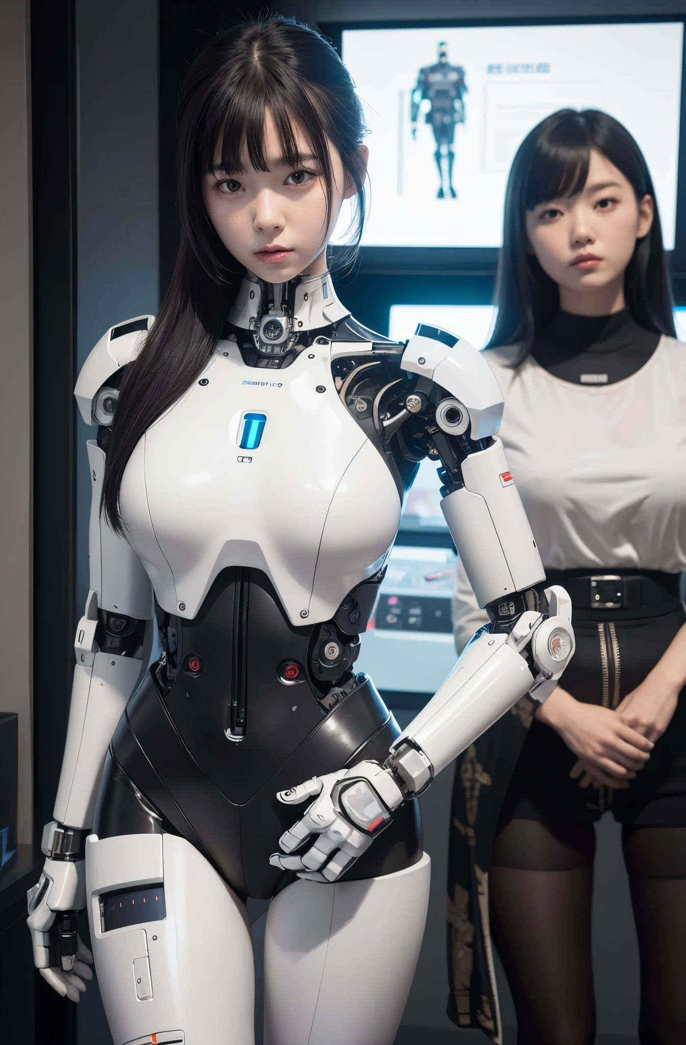 masterpiece, best quality, (photorealistic:1.4), (RAW photo)(8K, 4K, Best Quality, hight resolution, 超A high resolution:1.1), (masutepiece, Realistic, Photorealsitic:1.1), 1girl in, Japaese Cyborg Girl,Plump , announcer,control panels,android,Droid,Mechanical Hand, ,clothes with a sense of mechanical technology, Robot arms and legs, Black Robot Parts,Black hair,Mechanical body,Blunt bangs,White abdomen,White robotics parts,tube dress,perfect robot woman,perfect android woman, perfect mechanical woman,future laboratory,android factory,cyborg factory,robot factory,cyber pank,charging spot,long tube,thick cable connected her neck,bowing,maintainance her,repaired her,full eyes,dark black tights,a bit chubby