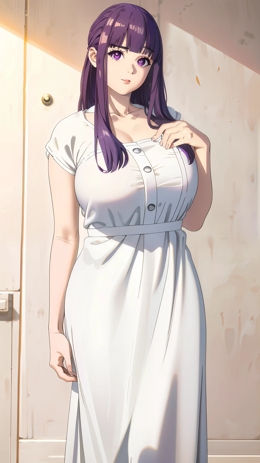 (8k, RAW photos, top quality, masterpiece: 1.2), (realistic, photorealistic: 1.37), (High Quality), (Ultra realistic), (High Details), (Face detail), (Shadow Detail), (big breast), (17yo), Looking at viewers, 1 girl, solo, Purple eyes, Purple hair, long hair, Pink Lips, Extreamly Face Detailed, (Wide Hips), White Towel, Body Towel Wrap, Fern - Frieren