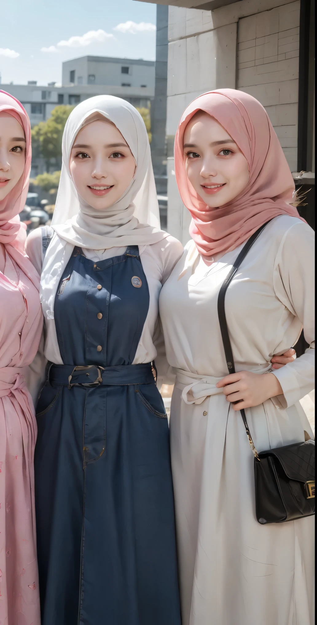 masutepiece, Best Quality, Illustration, Ultra-detailed, finely detail, hight resolution, 8K Wallpaper, Perfect dynamic composition, Multiple people,hijab, smile lips, (3 girls taking photos), Girls holding hand holding a small bag, Beautiful detailed eyes, Natural Lip, Wear hijab moslem, Muslim gamis clothing, fancy jubba thobbe, photo full body, (close-up photo), view of the blue sky, close-up photo, looking to the side was laughing, hand holding a small bag, show your big tits, people hijab, all the girls were hand holding a small bag