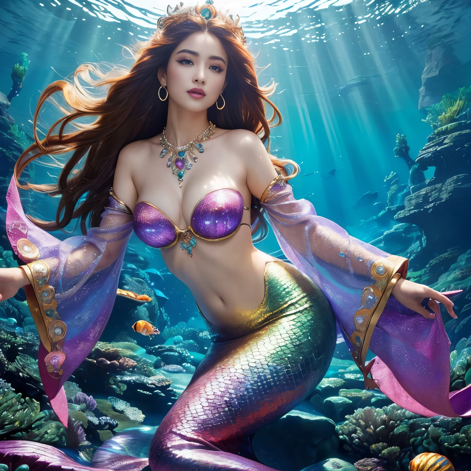 (highest quality、table top、8K、best image quality、hyper realism)、(Little mermaid in the most luxurious and majestic costume:1.1)、(Luxurious transparent sleeve:1.1)、(Mermaid goddess swimming in the beautiful rocky area of the deep sea.:1.2)、(Extremely complex and detailed ocean depictions:1.1)、(There are many beautiful small tropical fish and corals in the sea..........:1.1)、(The most luxurious and luxurious underwater temple:1.3)、(Mysterious and most splendid giant Atlantis:1.3)、(Detailed depiction of the beautiful ocean:1.1)、(Unimaginably beautiful and mysterious underwater depictions:1.1)、(Sparkling pink and purple、Realistic scales that shine in every detail:1.2)、(Mermaid goddess swimming in the beautiful rocky area of the deep sea 上半身写真:1.1)、(Accurate mermaid tail and beautiful fins)、Beautiful sea that shines intricately、Clear and detailed background,、accurate anatomy、(The most luxurious and finest jewelry decoration throughout the body:1.1)、golden decoration、the most gorgeous goddess sleeves、the most luxurious decoration、large amount of intricate gemstones、beautiful brown hair、Highly detailed pink and purple scales、(最も贅沢でhighest qualityの巨大ティアラ:1.1)、(that'that'that'that'It's very vivid, Fantastic and mysterious:1.2)、(最も贅沢でhighest qualityのジャイアントネックレス)、Beautiful purple and pink tail of a mermaid、perfect makeup、the best smile when you look at me