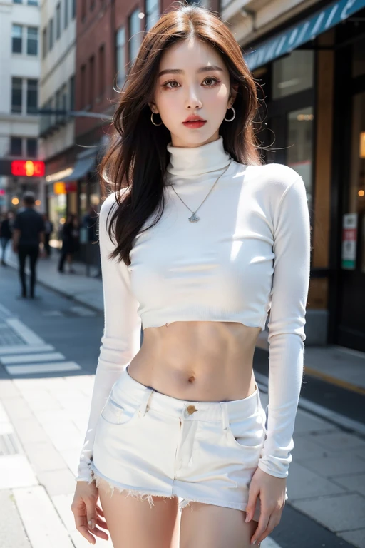  beautiful女孩大学生，masterpiece，Light makeup，Red lips，Silver Hair，Messy long hair，Street background，beautiful，grace。Extremely fine details，Work，Real texture，Realistic lighting，完美的Work，8K，HD，Exquisite facial features，White tight turtleneck top，White tight shorts，Slim body，Big bright eyes，，earrings，necklace，Tattoo is