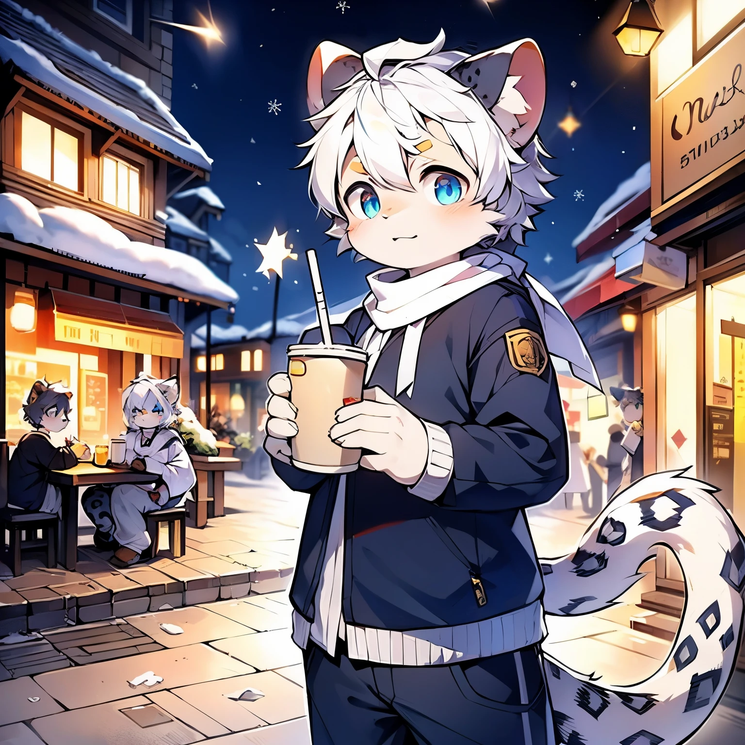 Highest image quality，masterpiece，orc，paw+（five fingers）+White+（White爪尖），break handheld latte+（Single）+Hold+black+（paper cup+hot drink lid）+In the hand，A detailed eye，Normal eyes，white eyebrows，Black ears+（Snow leopard ears）+Round ears+Thick，（Cat's tail）+Snow leopard tail texture+Coarse+single+in the lower back+uniform in thickness，（Gray hair），hairy，white hair，Lovely，Handsome teenager，（break red scarf），blue pupils，（night view），white hair，through bangs，Mottled light and shadow，Short hair details，lively+street+crowd，There are God&#39;s bright eyes，City，winter background，warmth，2023，（black外套+long sleeves），solo，（new year），（oval face），snowflake，Casual