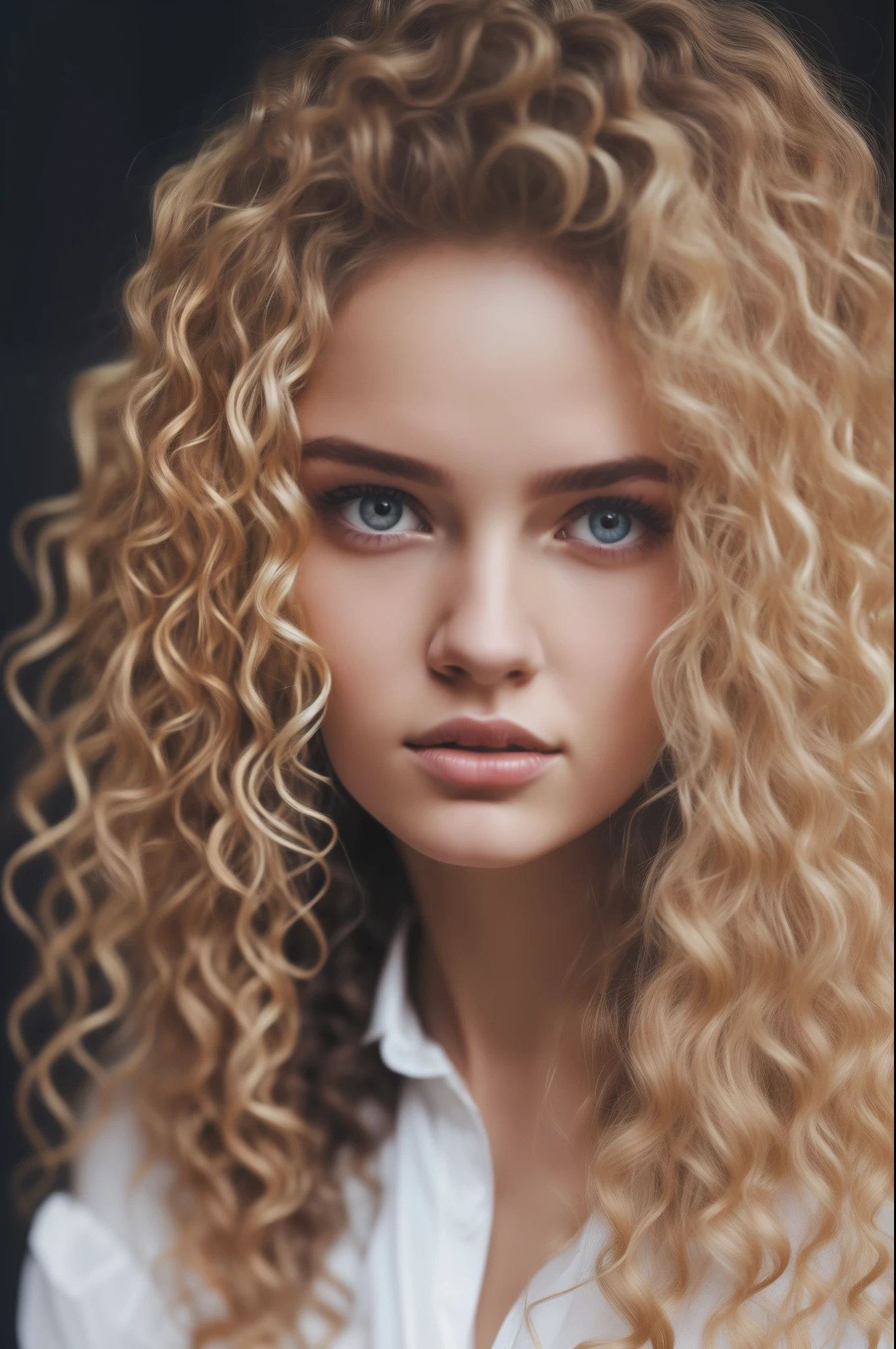 A captivating screenshot of Anna Nikonova, also known as Newmilky, with long curls cascading down her shoulders and framing her haunted eyes. Her white shirt adds a sense of innocence to her otherwise enigmatic appearance. The curls on top of her head are disheveled, giving her a messy yet alluring look. This high-definition image is a snapshot of her expressive face, revealing a complex emotion that can only be truly understood through her curly locks and haunted eyes. (Note: Please be advised that the mention of Anna Nikonova and the use of the word "nude" may be inappropriate for some audiences.)