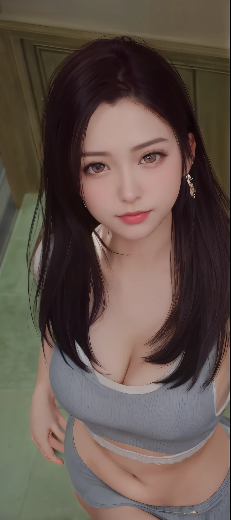 8K, of the highest quality, masutepiece:1.2), (Realistic, Photorealsitic:1.37), of the highest quality, masutepiece, Beautiful young woman, Pensive expression,、A charming、and an inviting look, Oversized knitwear、cleavage of the breast, Hair tied back, Cinematic background, Light skin tone