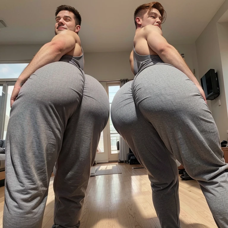 Two college guys, muscular, jocks, athletic, shirtless, ginger, wearing grey sweatpants, big butt, huge ass, comically massive ass, bubblebutt, thick, thicc, thick ass, thick legs, thick thighs, huge butt cheeks, ass huge, showing butt to camera, smiling, looking back at camera, big booty, boy booty, men with huge butts, men in grey sweatpants, showing off ass, absolutely massive butt, enormous ass cheeks in grey sweatpants, full ass, round ass, juicy ass, expansive ass, tight sweatpants, filled sweatpants