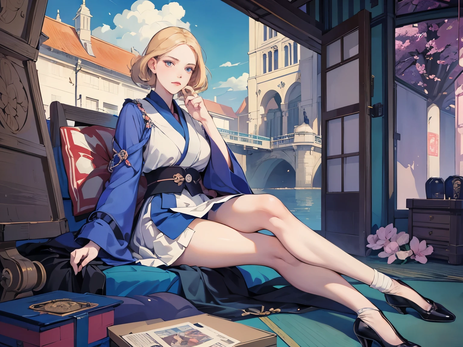 George Barbier, james Jean, Paul delvaux, Takeo Takei, Surreal, mysterious, strange, fantastical, fantasy, Sci-fi, Japanese anime, distant sail, futurist, miniskirt beautiful girl, perfect voluminous body, person in this world or in a box, detailed masterpiece 