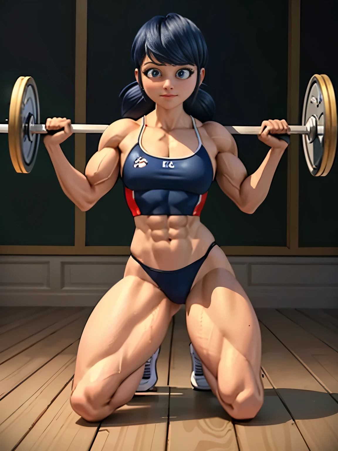 (best quality,4k,8k,highres,masterpiece:1.2),ultra-detailed,(realistic,photorealistic,photo-realistic:1.37),big muscular female bodybuilder,small smile,bed,rippling muscles,strong physique,two short pigtails,illustration,ornate armor,striking poses,confident expression,muscular arms,toned legs,bodybuilding competition pose,sweat glistening,determined gaze,vivid colors,studio lighting,sharp focus,portrait,physically-based rendering,shiny metallic armor,visible veins,powerful physique,background of a gym,gritty atmosphere,hardwood floor,tattered workout equipment,barbells,dumbbells,bodyweight exercises,reflection in a mirror,vibrant colors,bright sunlight pouring in,highlighting the muscles,highlights and shadows,sculpted abs and biceps