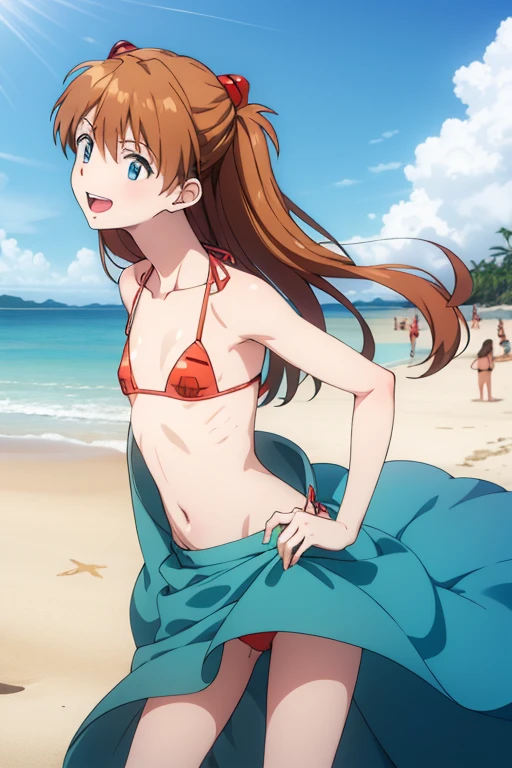1girl, souryuu asuka langley, (yellow bikini, flat chest), narrow hips, small butt, beach, laughing, playing, beach skirt,