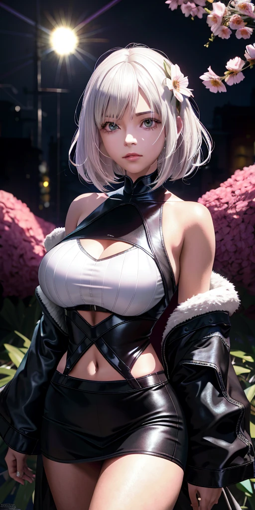 Anime - imagem estilo de uma mulher com saia curta e jaqueta de couro, perfect  de cabelos brancos, 2b, 2b, realistic anime rendering, anime foda 8k, Tifa Lockhart com cabelos brancos, Automaton 2b nier, nier 2b, Guvez at the Pixiv art station,  de cabelos brancos, garota anime sedutora com pernas nuas e nuas