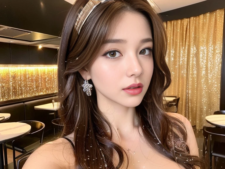 ((Best quality, 8k, Masterpiece :1.3)), Selfie, A pretty woman with perfect figure :1.4, Slender abs :1.3, ((Dark brown hair wavy hair, glittery hair clip, big breasts :1.2)), nude, in a upscale restaurant,:1.1, Highly detailed face and skin texture, Detailed eyes, Double eyelid, full body