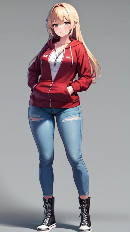 (5 foot 5 inch Anime girl wearing a ((red zip up hoodie)), (blue jeans), and black knee high lace up converse boots with round toes), Large breasts, thick thighs, cute, full body image, sliver long hair, back view, purple eyes, quality images, ((high quality faces)), underground, standing, shy and cutely posing