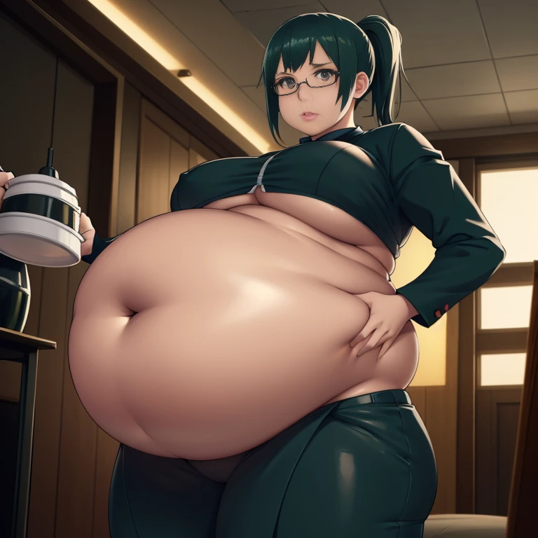 art by kipteitei, 1girl, dark green hair , hair in pony tail, maki zenin from the anime jujutsu kaisen, big plump belly, ((((huge belly))), huge belly, pretty face, nose, lips, beautiful eyes, circle glasses, (best quality, masterpiece, 4k, sharp focus), professional photograph, sharp focus, dramatic, award winning, cinematic lighting, octane render, unreal engine, volumetrics dtx,