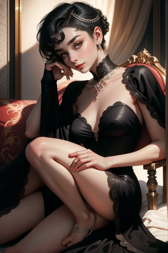 (Masterpiece - Ultra-Detailed, High Resolution) Prepare to be enchanted by a true masterpiece that combines ultra-detailed art with high-resolution rendering. This work shows a mesmerizing woman, with short, black hair, 1928s style,  Audrey Hepburn (1.3) and captivating dark brown eyes (1.2), New York illustration style, wearing red lipstick, emanating an aura of elegance and mystery. Wearing classic victorian dress 1928s clothing.  Intricate details and realistic textures invite you to explore every aspect of this enchanting composition. Black dress. reading, writing, walking, backwards, lying down, standing, dynamic poses, mouth closed. Different posture , dynamic poses, mouth closed. Different posture, with chin resting on shoulder. Get ready to dive into a world where beauty and craftsmanship merge perfectly.