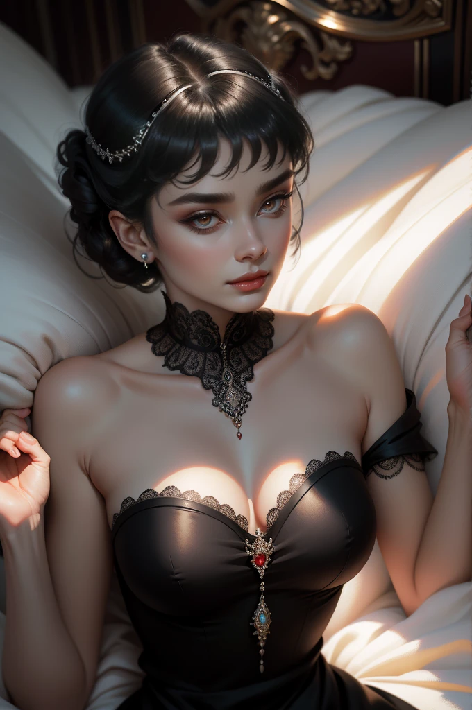 (Masterpiece - Ultra-Detailed, High Resolution) Prepare to be enchanted by a true masterpiece that combines ultra-detailed art with high-resolution rendering. This work shows a mesmerizing woman, with short, black hair, 1928s style, Audrey Hepburn (1.3) and captivating dark brown eyes (1.2), New York illustration style, wearing red lipstick, emanating an aura of elegance and mystery. Wearing classic victorian dress 1928s clothing. Intricate details and realistic textures invite you to explore every aspect of this enchanting composition. Black dress. reading, writing, walking, backwards, lying down, standing, dynamic poses, mouth closed. Different posture , dynamic poses, mouth closed. Different posture, with chin resting on shoulder. Get ready to dive into a world where beauty and craftsmanship merge perfectly.