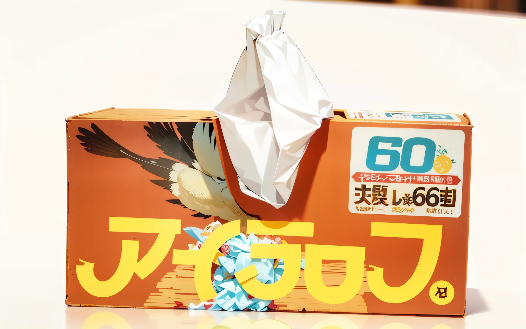 There is a box of tissues on the table, gum tissue, gojo satoru, goto fujita, sofubi, eguchi, 60mm, by Kamagruka, aoshima, sasai ukon masanao, Immortal cliff, sugar, wrap, sosaku hanga, by Shinoda Toko