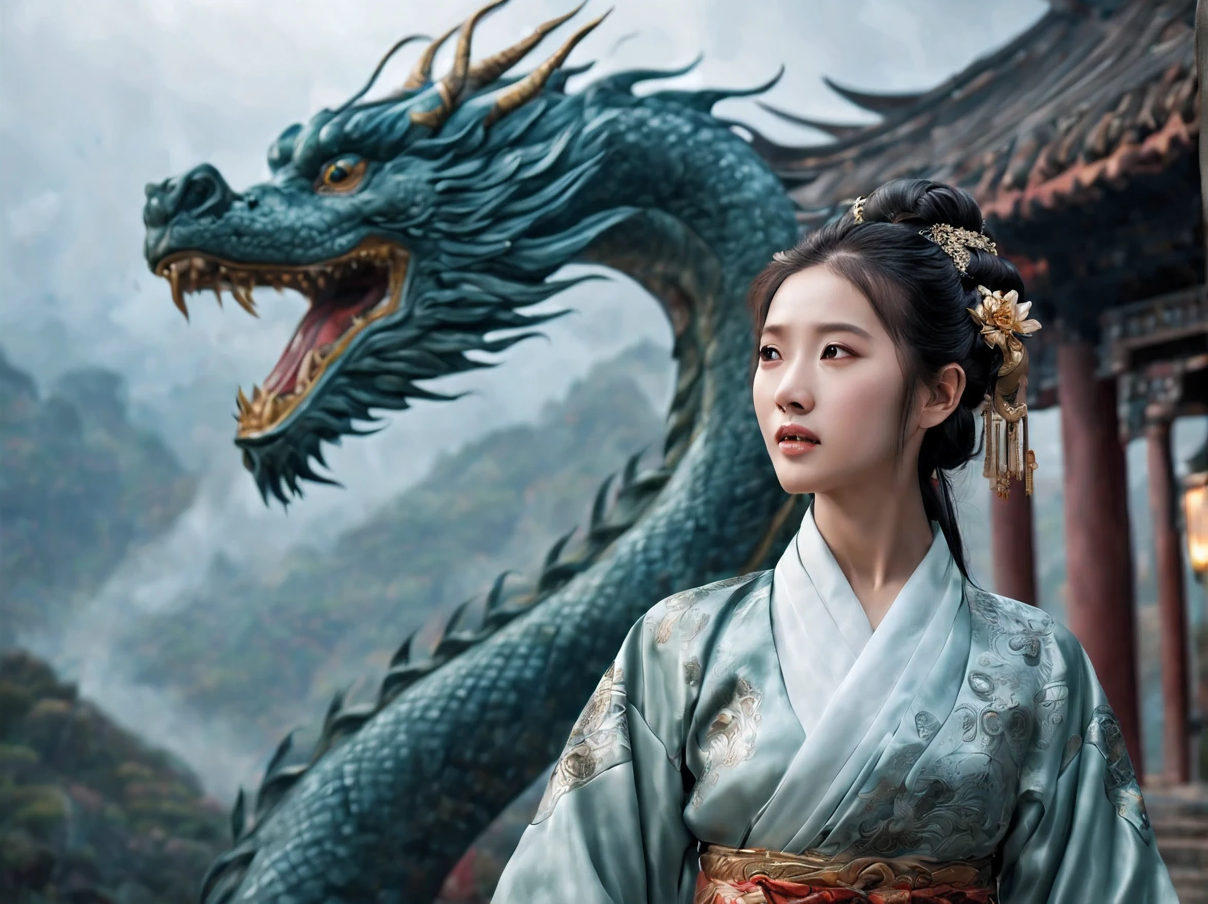1girl,chinese,mythical,posing with dragon,enthusiastic,beautiful eyes,mountainous area,misty,ancient china,huge breasts,overwhelm with details,(best quality,4k,8k,highres,masterpiece:1.2),ultra-detailed,(realistic,photorealistic,photo-realistic:1.37),traditional costume,artistic,historical,folklore,dreamlike colors,dynamic lighting,serene atmosphere,graceful movements,sharp focus,wisps of clouds,tail of the dragon,flowing robes,ornate accessories,subtle patterns,ethereal hairstyle,illuminated lanterns,gorgeous backdrop,extraordinary depth,ancient architecture,sublime scenery,majestic mountains,touch of mystery,sublime beauty