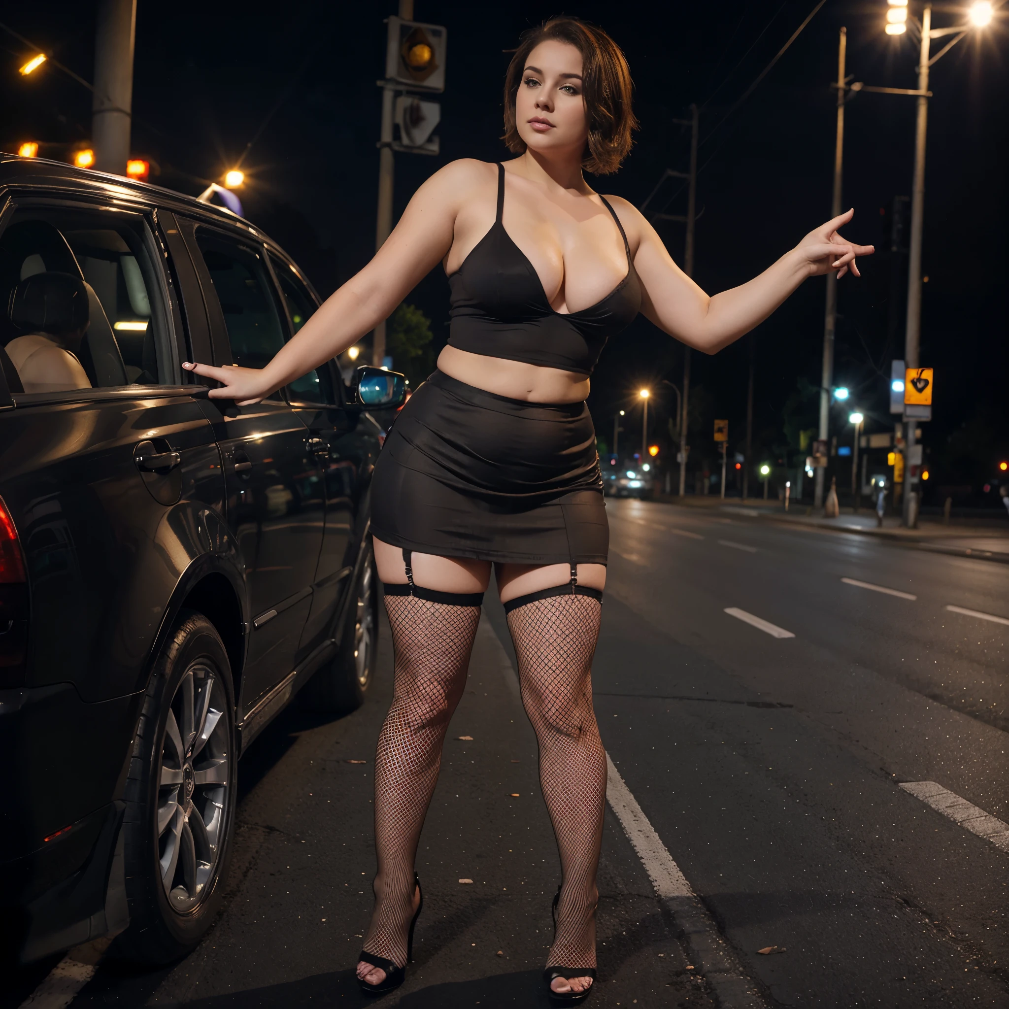 white skinned chubby prostitute with short brown hair in fishnet stockings, stiletto heels, wearing a very short, tight-fitting skirt and top, standing by the side of the night road, stopping cars with an outstretched hand, takes money from the window of a stopped car