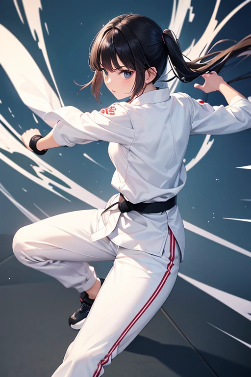 Plain clothing,Pure white karate uniform,White collar,karate stance,fighting girl,martial arts,high kick,alone, 1 girl, looking at the viewer,long sleeve,martial arts場,white pants,Plain white clothes,black hair,Black belt,