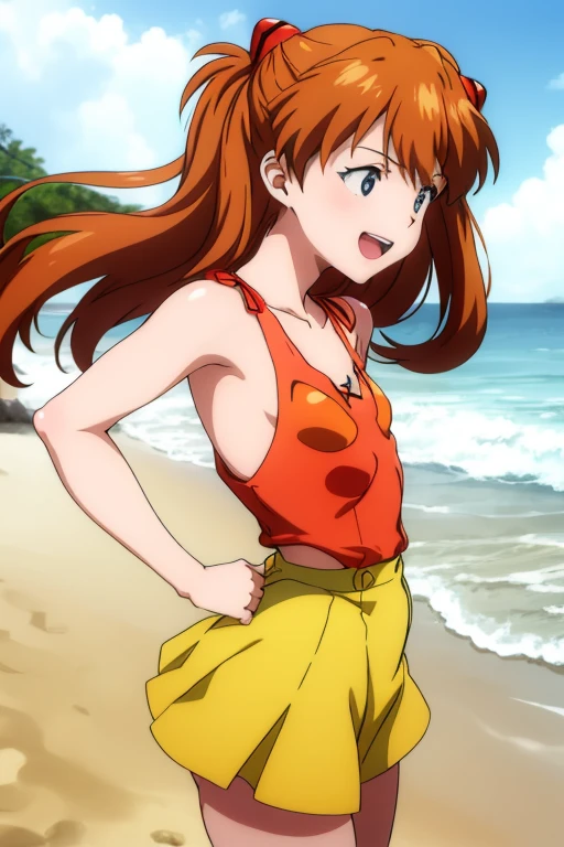 1girl, souryuu asuka langley, (yellow leotard bikini, flat chest), narrow hips, small butt, beach, laughing, playing, beach skirt, 