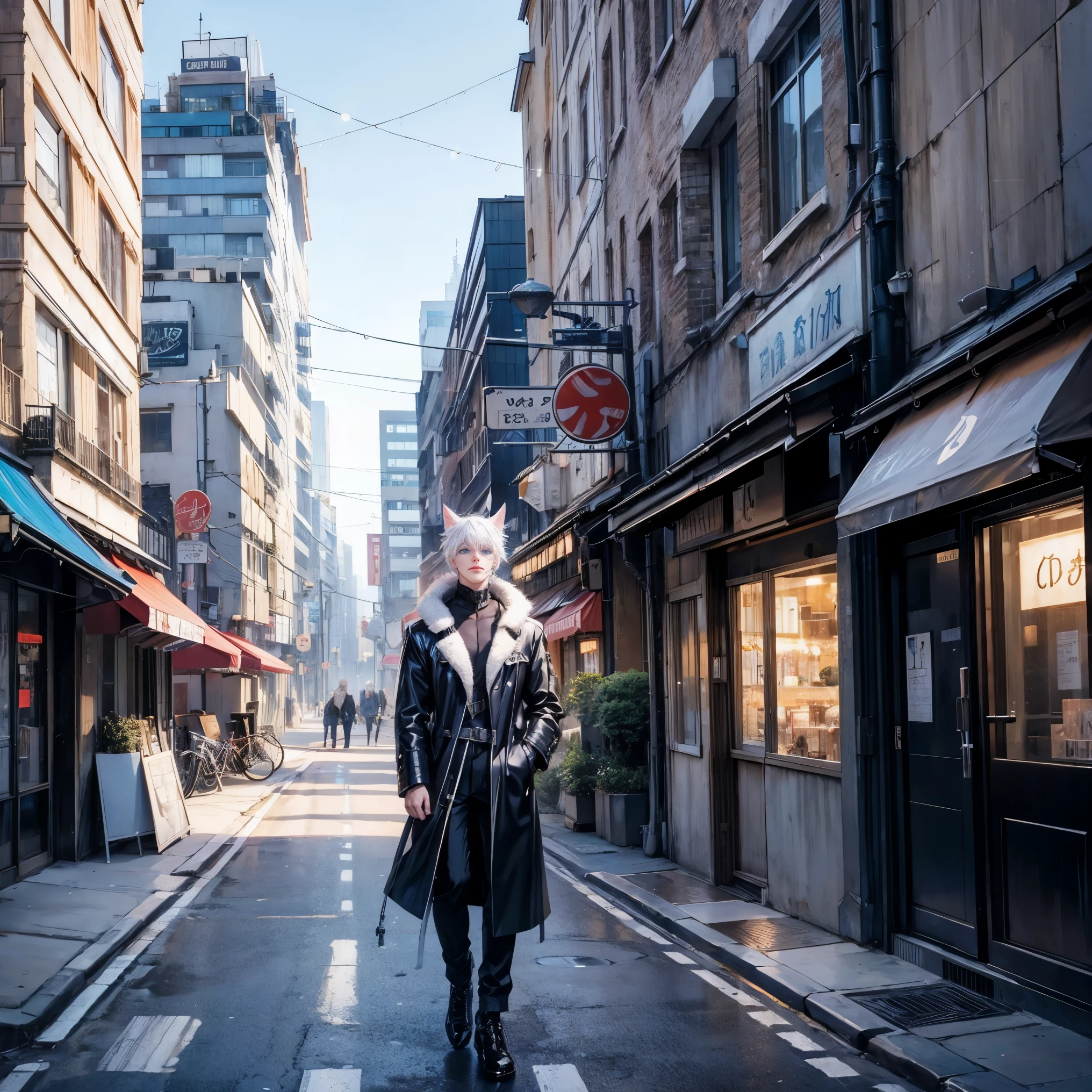 Man, Male, young young, white hair, cat ears, neko, blue eyes, Street scenery, City scenery