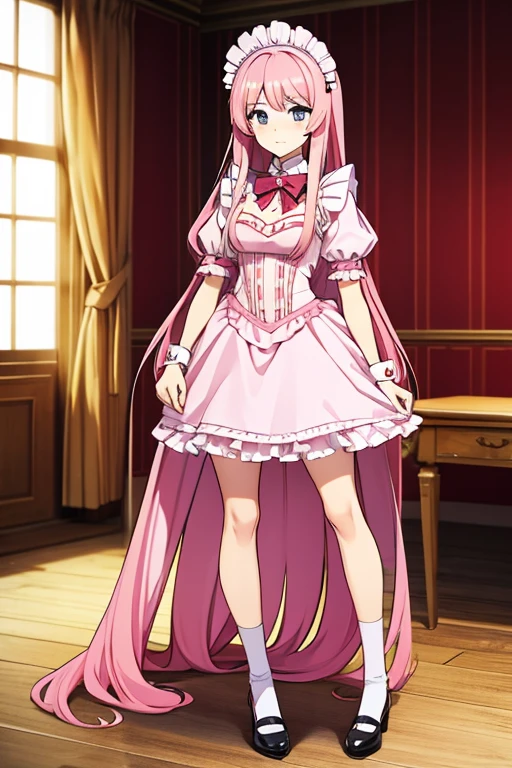 a tall girl, Long pink hair, in a maid's costume