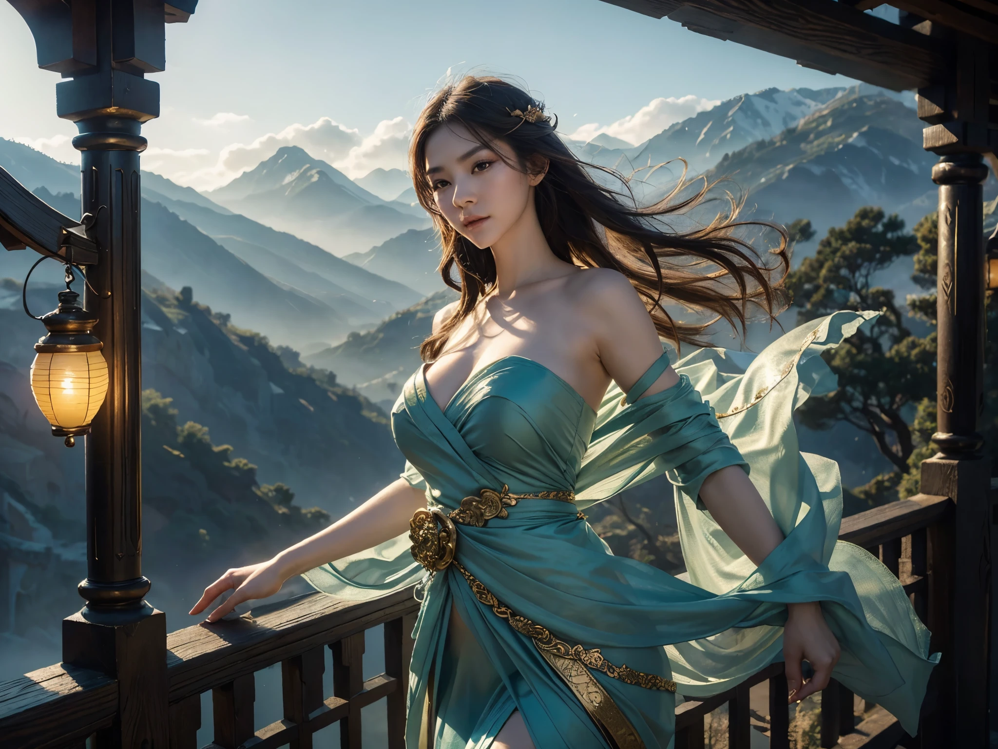 1girl,chinese,mythical,posing with dragon,enthusiastic,beautiful eyes,mountainous area,misty,ancient china,huge breasts,overwhelm with details,(best quality,4k,8k,highres,masterpiece:1.2),ultra-detailed,(realistic,photorealistic,photo-realistic:1.37),traditional costume,artistic,historical,folklore,dreamlike colors,dynamic lighting,serene atmosphere,graceful movements,sharp focus,wisps of clouds,tail of the dragon,flowing robes,ornate accessories,subtle patterns,ethereal hairstyle,illuminated lanterns,gorgeous backdrop,extraordinary depth,ancient architecture,sublime scenery,majestic mountains,touch of mystery,sublime beauty